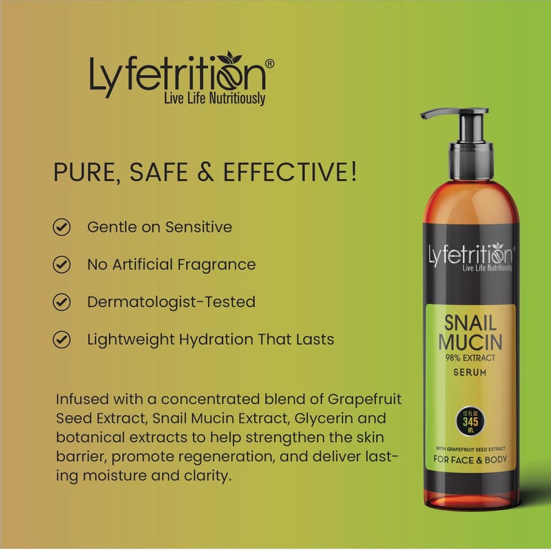 Lyfetrition Snail Mucin 98% Power Repairing Serum with Hyaluronic Acid & Aloe Vera, Skin Repair Serum, Moisturizing Serum Essence for Soothing, Reducing Fine Lines Deep Nourishing (12 Fl Oz) - Image 4